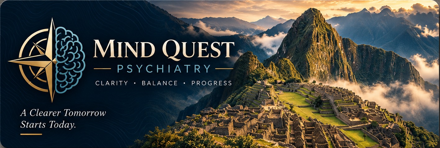 Mind Quest Psychiatry: compass and brain logo beside Machu Picchu, in navy and gold. Clarity, Balance, Progress.